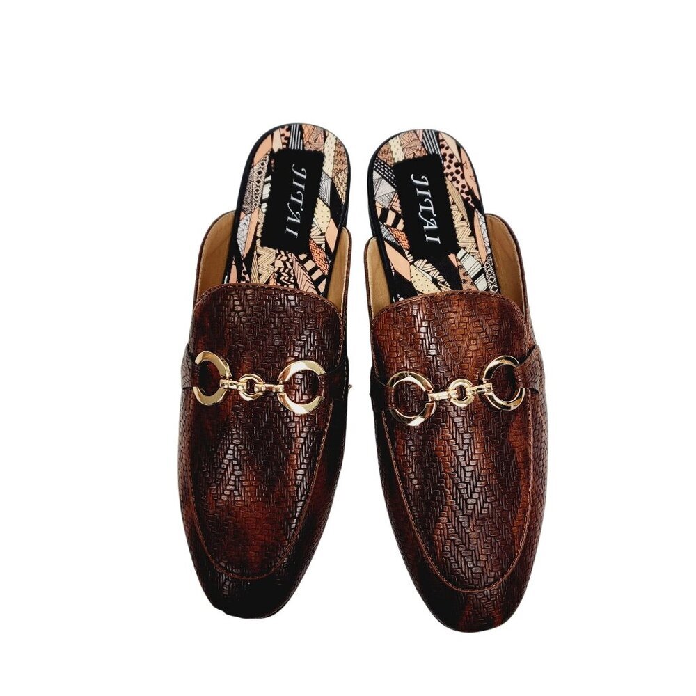 Jitai Womens Brown Slip-On Loafers With Gold Buckle Accent Size 8 Faux Leather